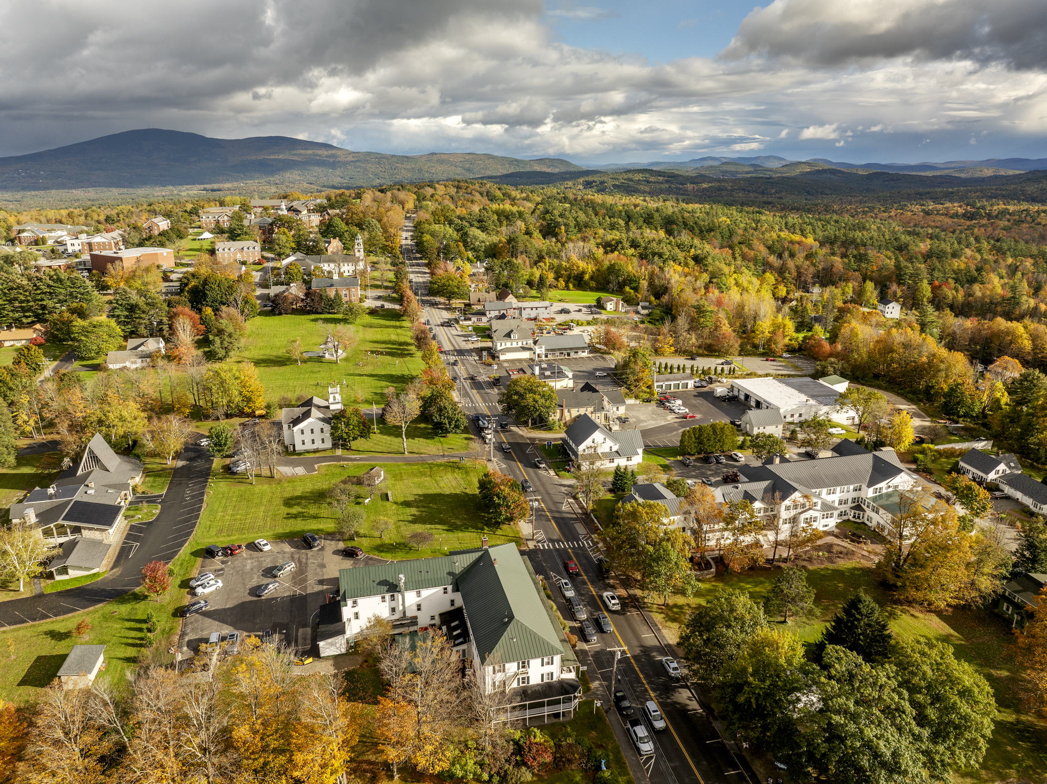 An aerial view of a town in fall
