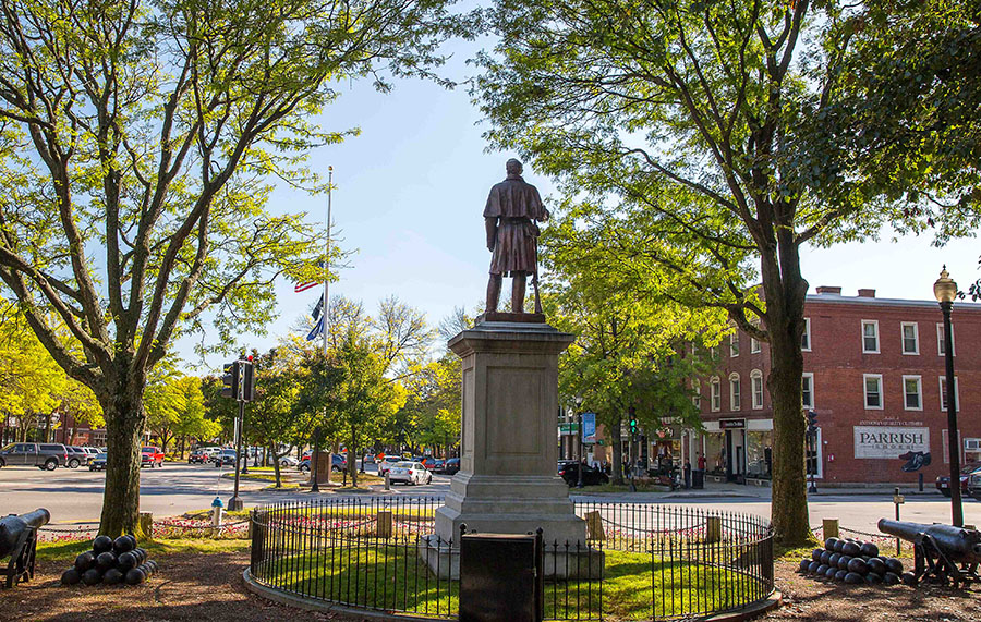 a statue in a green on a traffic circle 