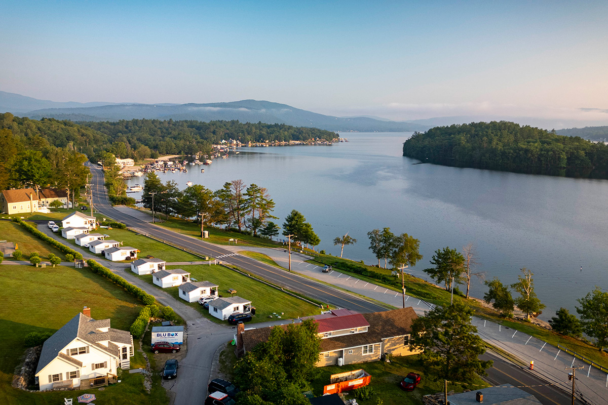 Aerial view of Newfound Lake at sunrise