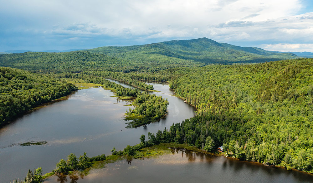 An aerial view of a lake surrounded by forest